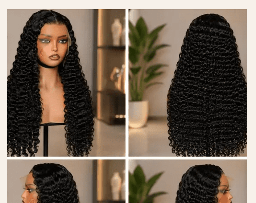 Jet black deep curl lace-front wig from every angle